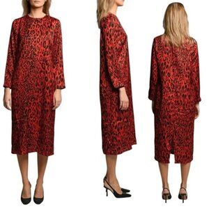 Zara Woman Red Leopard Print Midi Dress Animal Print Long Sleeve Medium
